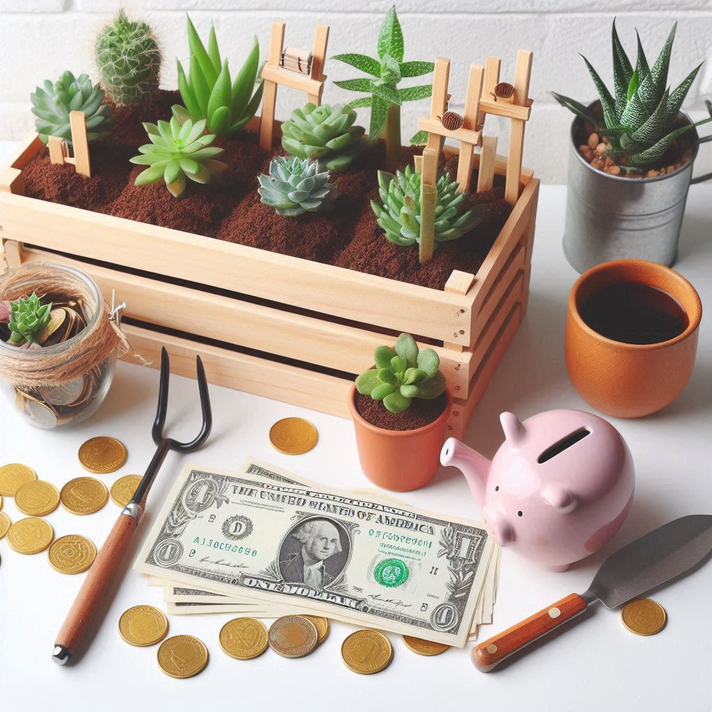 An image of a boxed garden, some tools, a piggy bag, some dollars and coins.